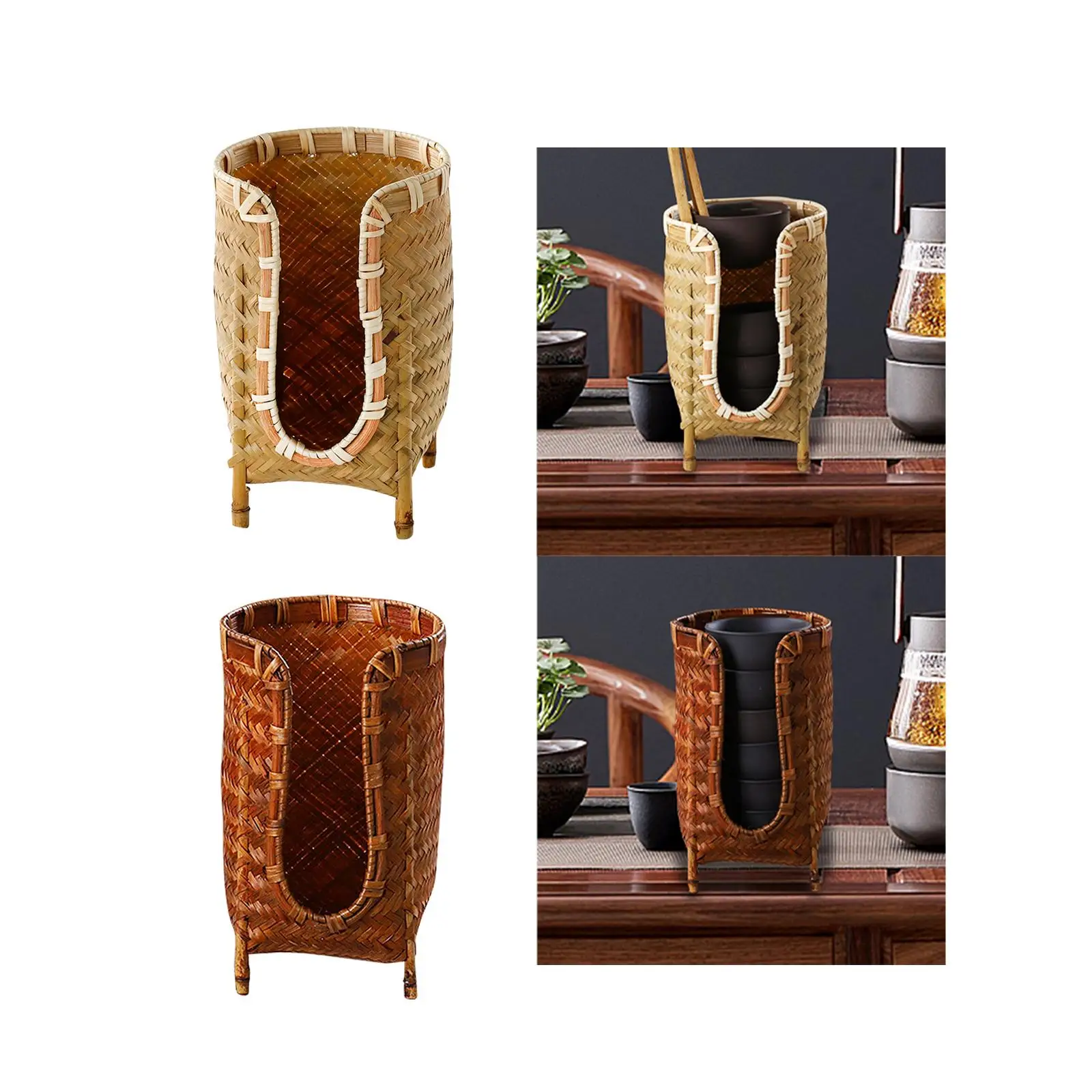 Bamboo Woven Tea Cup Rinsing Holder Dispenser Storage Organizer for Bathroom Vanity Countertop Coffee Cup Lid Stand Multipurpose