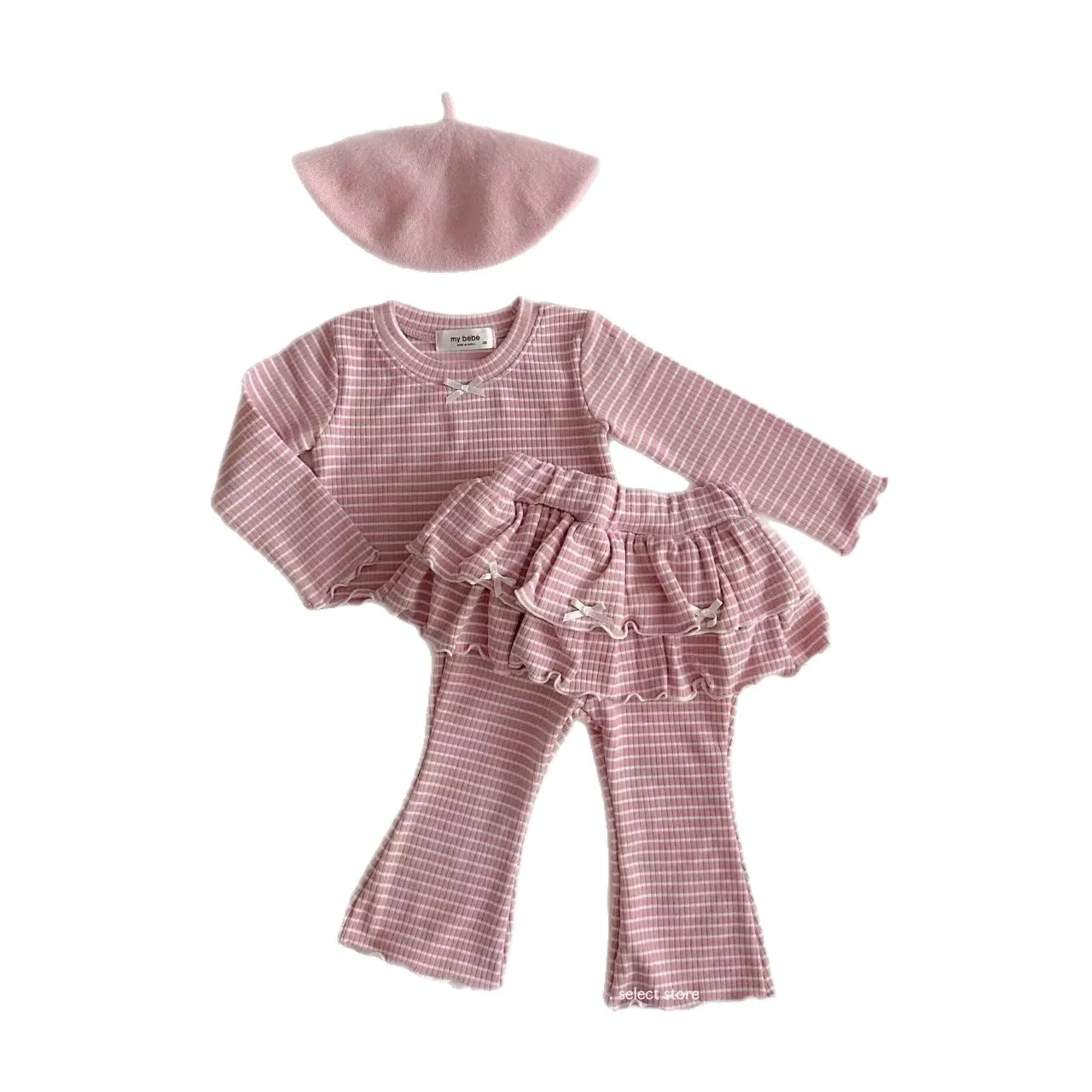 2026 ربيع جديد الأطفال ملابس طويلة الأكمام مجموعة عقدة شعر للفتيات مخطط القمم + كولوتيس 2 قطعة دعوى الرضع طفل القطن ملابس فضفاضة #5