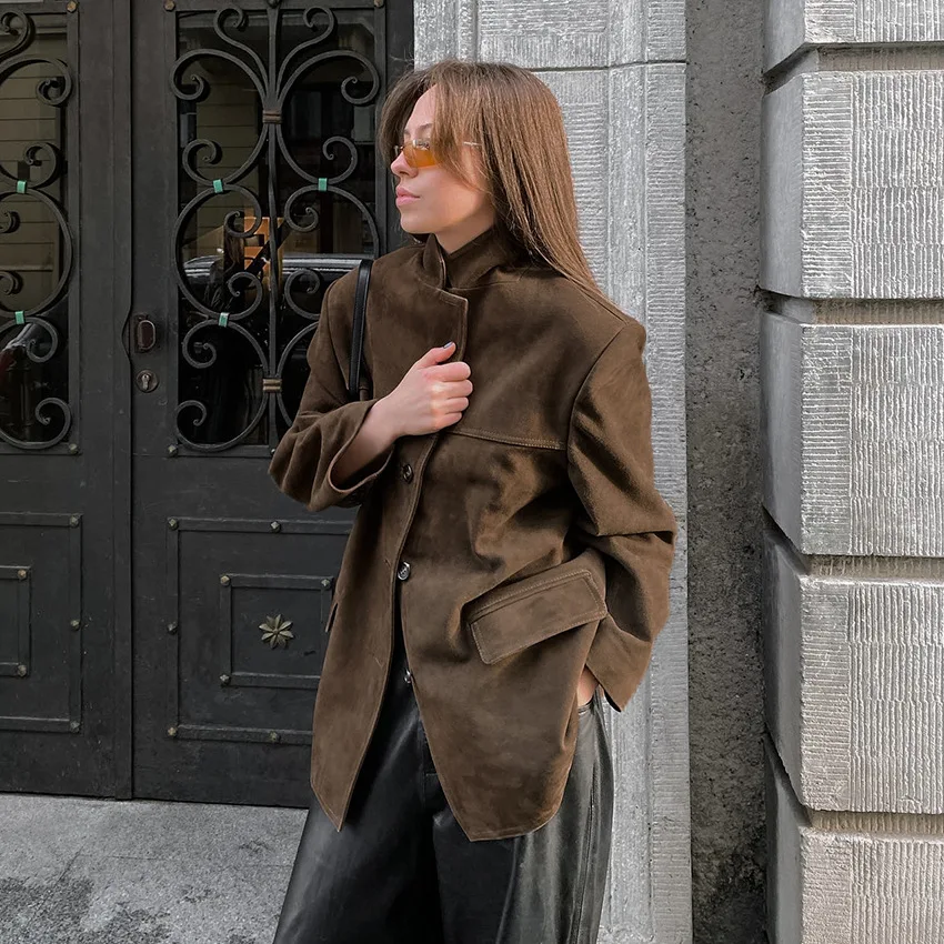 

Vintage Autumn Women's Suede Jacket Lapel Collar Single Breasted Pockets Suit Jacket For Female Elegant Commuting Lady's Coat