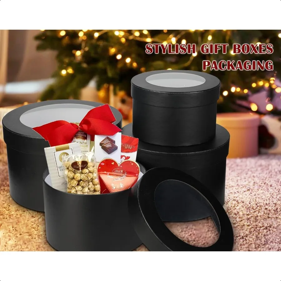 Scatole per fiori per composizioni Scatole regalo rotonde per nidificazione con coperchi trasparenti Scatole rotonde nere per fiori Set di 4 dimensioni assortite Fl