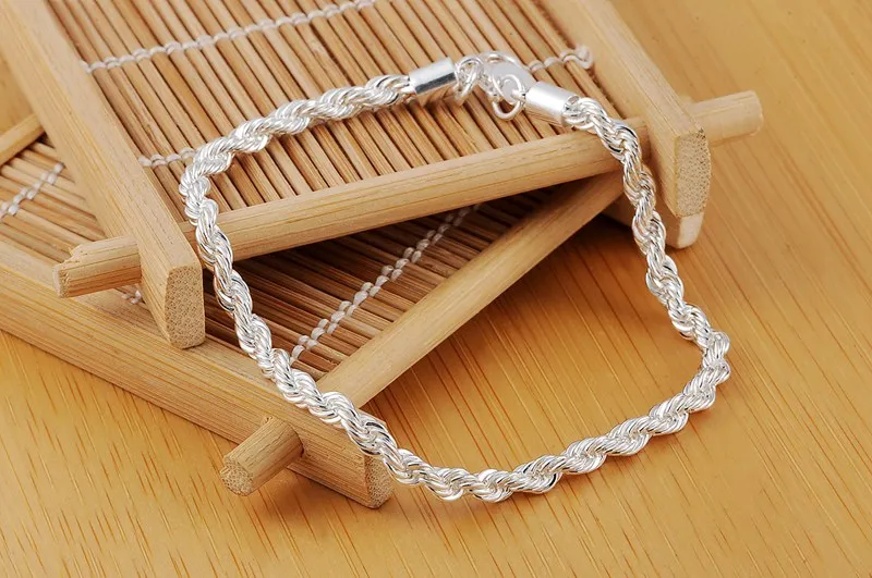 Pulsera de plata de ley 925 para hombre y mujer, cadena de cuerda trenzada de 4MM, joyería clásica a la moda, regalo de fiesta de boda y vacaciones