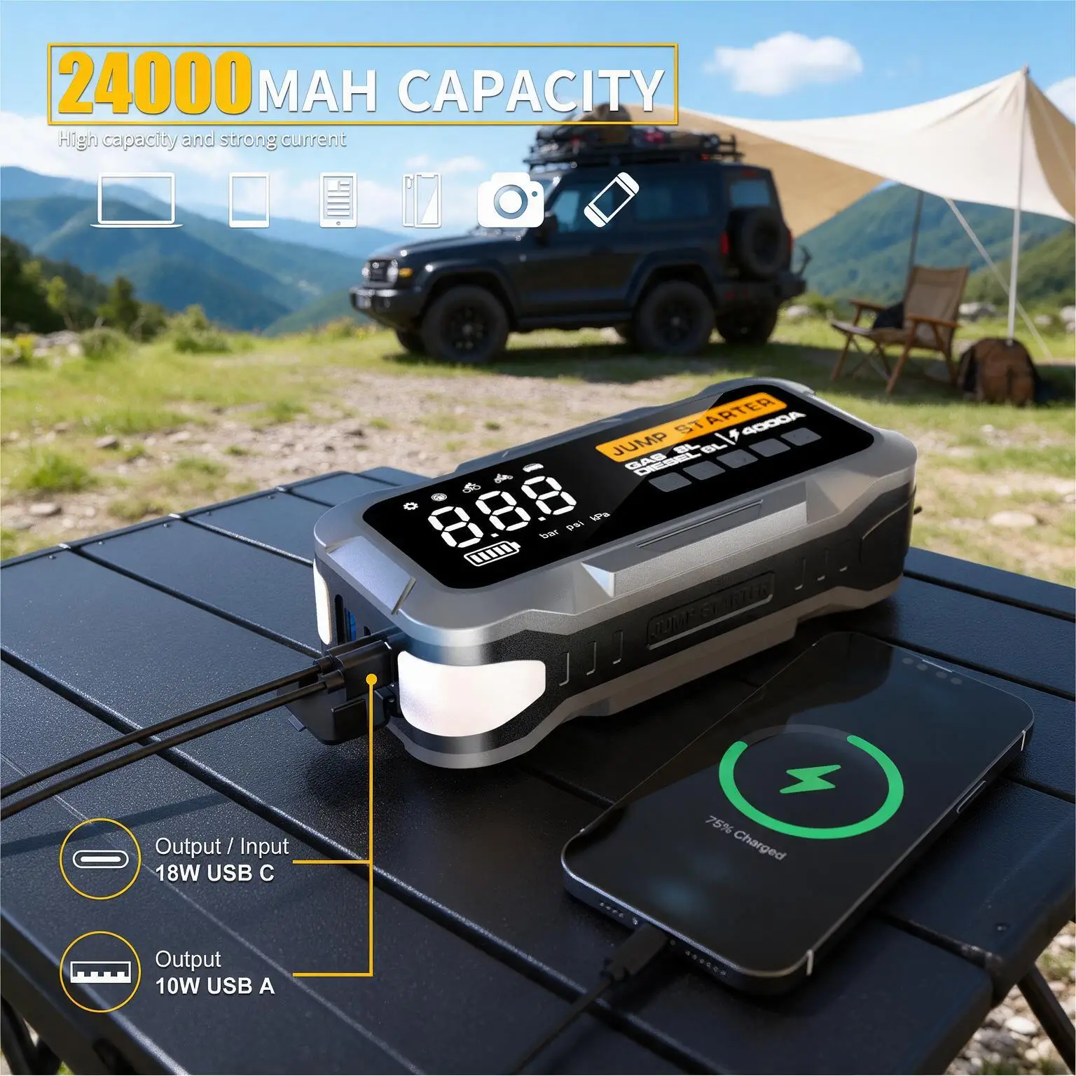 Portable Car Jump Starter 4000A Peak with 24000mAh Battery Charger And Compressor Air Tire Inflator Emergency Starter Kit for Tr