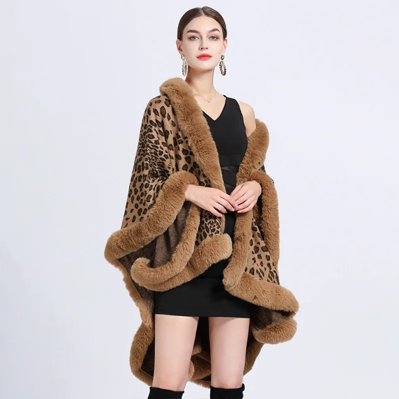 6 Farben Frauen lose Strickjacke Streetwear langen Schal Mantel Kunst pelz Winter umhang dicken warmen gestrickten Leoparden bedruckten Umhang