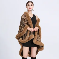 6 Farben Frauen lose Strickjacke Streetwear langen Schal Mantel Kunst pelz Winter umhang dicken warmen gestrickten Leoparden bedruckten Umhang