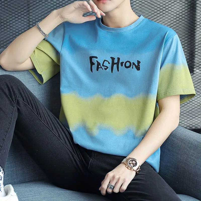 

Fashion Printed O-Neck Letter Gradient T-Shirt Men's Clothing 2023 Summer New Oversized Casual Pullovers Korean Tee Shirt