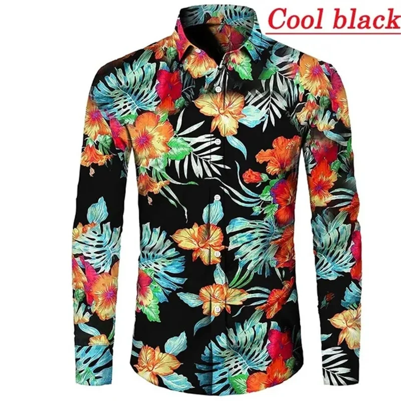 Flower Leaf Pattern Hawaiian Shirts For Men Colorful Plant 3D Printed Aloha Shirts Casual Loose Long Sleeve Lapel Tops Blouses
