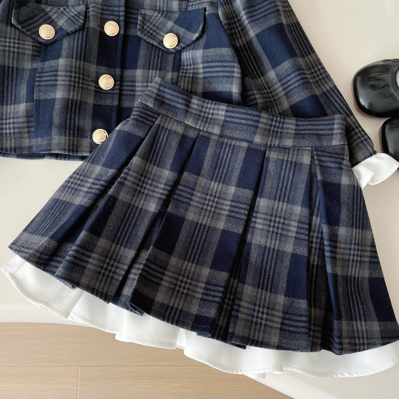 Girls\' Suit Autumn Girls\' Small Fragrance Style Print Coat + Long Sleeve Preppy Pleated Skirt Two-piece Set 2-7yrs