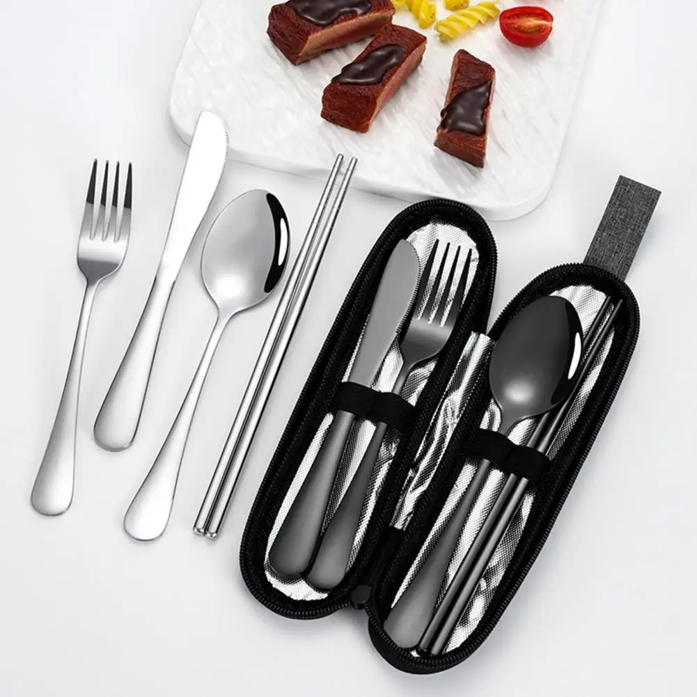 4-Piece Cutlery Set Stainless Steel Retro Tableware Fork Spoon Chopsticks Knife With Storage Bag Cutlery Set For Home Restaurant