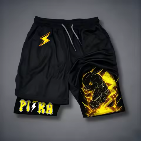 Japanese Anime Pok&eacute;mon Men's Summer 2 in 1 Shorts Pikachu Designer Graphics Man Gym Double Deck Shorts Harajuku Athletic Shorts