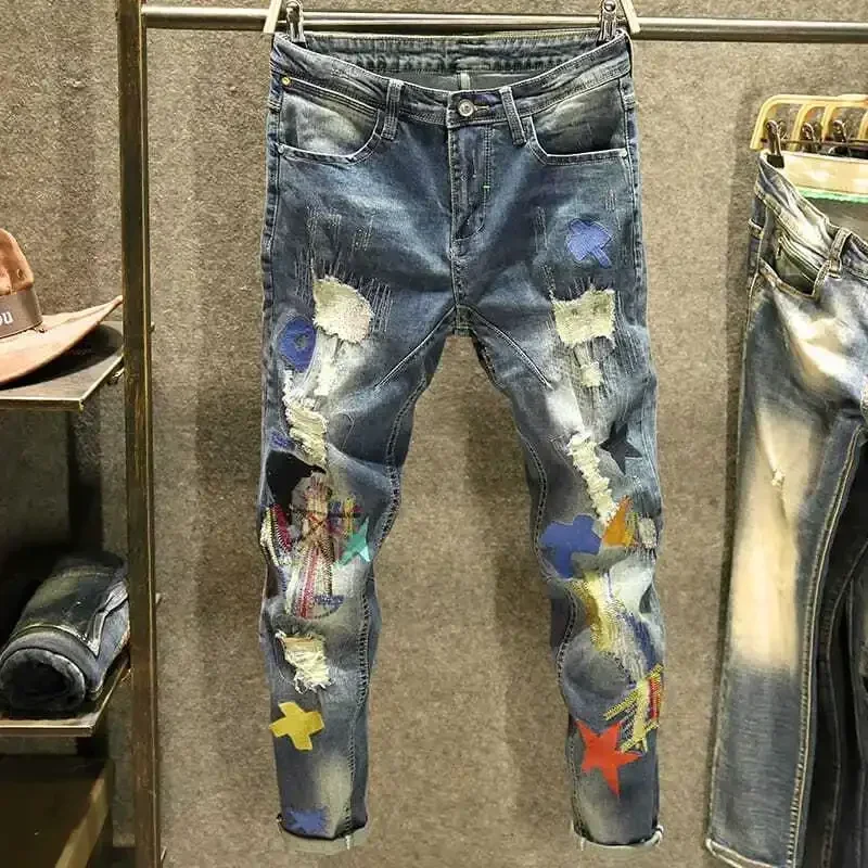 

Trousers with Holes Man Cowboy Pants Slim Fit Men's Jeans Tight Pipe Star Graphic Ripped Skinny Torn Broken 90s Streetwear Denim