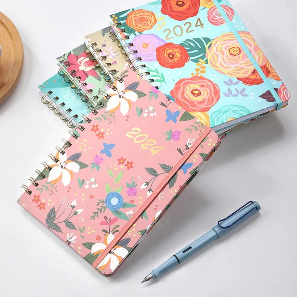 High-quality Paper Planner Floral Print 2024 Monthly Planner Exquisite Coil Design Schedule Book for Home Office Stay Organized