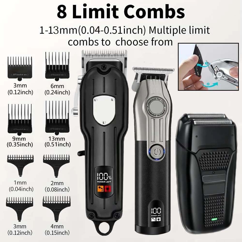 Professional Hair Clipper Set for Men, Cordless Haircut Kit with LED Display, 3-in-1/2-in-1/1pc  rechargeable Hair Clipper & T-Blade Trimmer & electric shaver, Barber Zero-Gapped Detailer, DIY Grooming Tools with Scissors, Combs & Cape