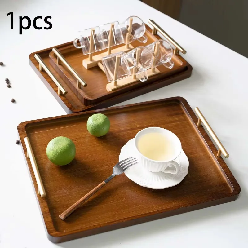 Ebony Rectangular Wooden Tray with Golden Metal Handle for Water Cup Fruit Food Bread Sundries Serving Tray Household Organizer