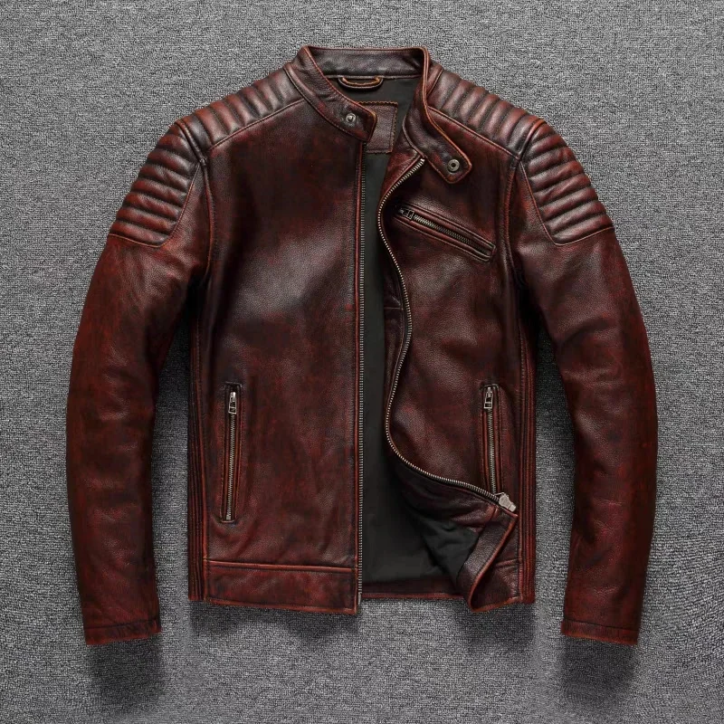 

Retro Top Layer Cowhide Motorcycle Leather Jacket Reddish Brown Cycling Suit Men's Slim Short Coat