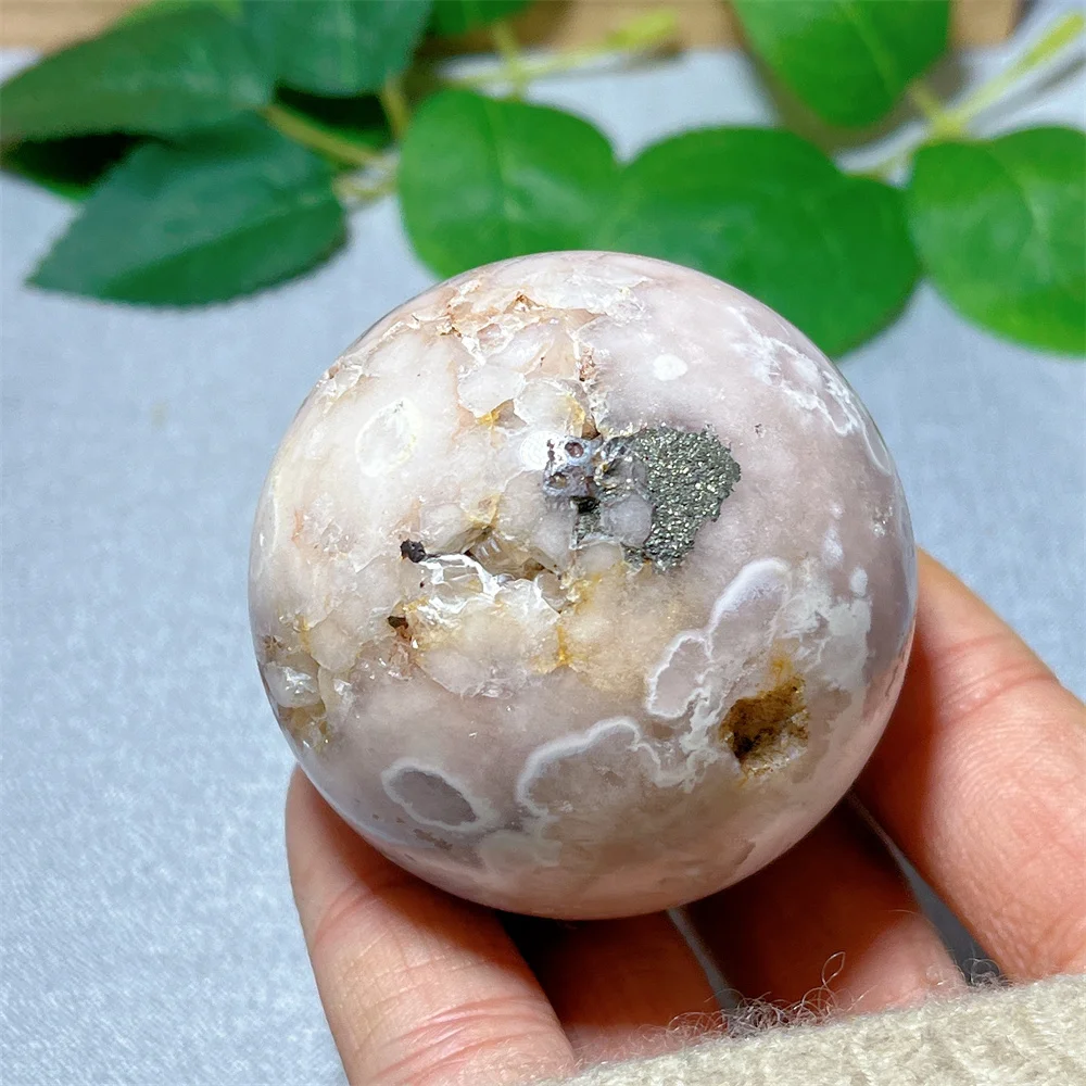 Pink Flower Agate Pyrite Sphere Ball Crystal Stone Quartz Natural Gemstone Healing Mineral Specimen Home Decoration+Stand