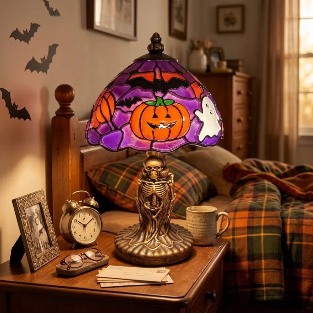Painted Halloween Night Light Handcrafted USB Powered Witch Hat Table Lamp Gothic Retro Glowing Resin Pumpkin Lamp