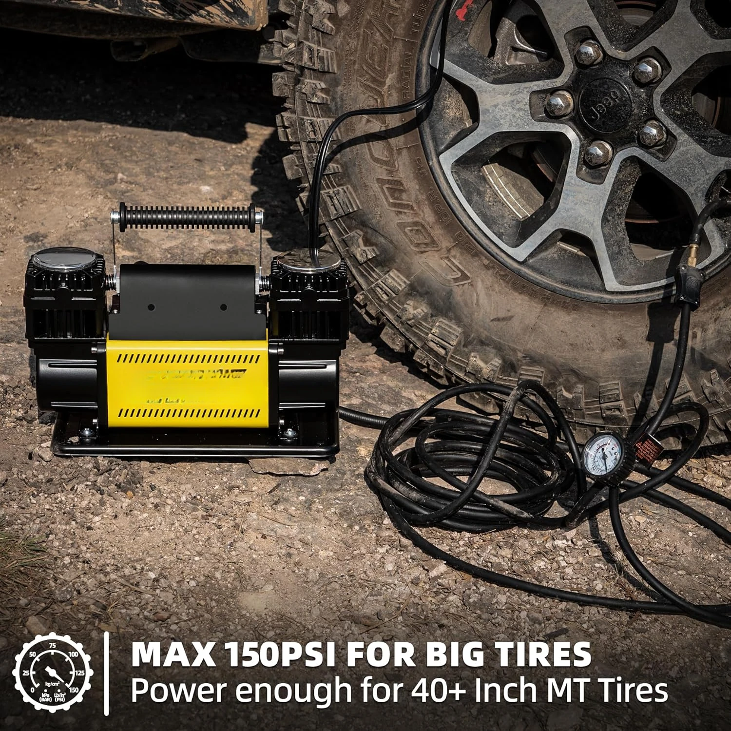 Air Pump Max 150PSI for Heavy-Duty Tires, with LCD Control Panel to Preset Target Pressure, 4x4 Vehicle, SUV, RV