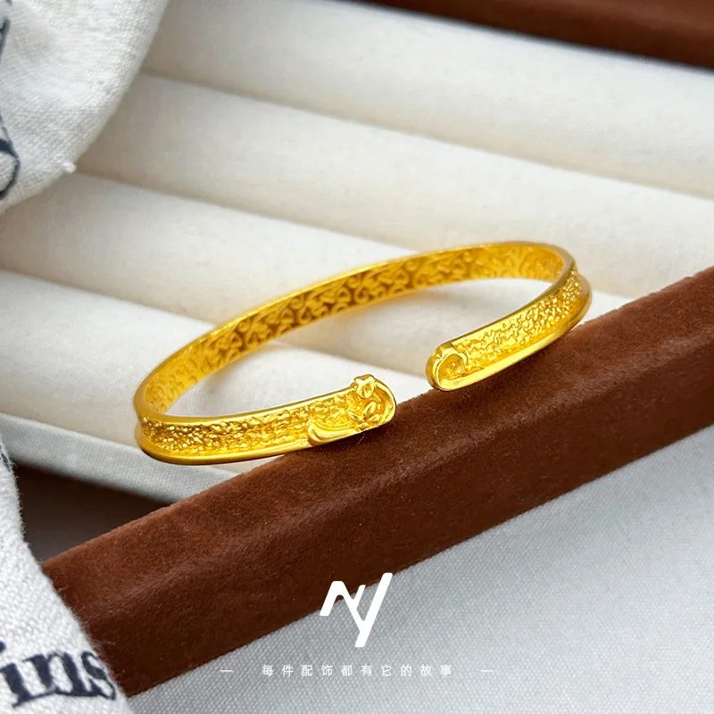 

New Chinese Style Ancient Style 9999 24K Real Gold Open-mouth Engraved Hammer Pattern Xiangwen Tight Hoop Bracelet for Women