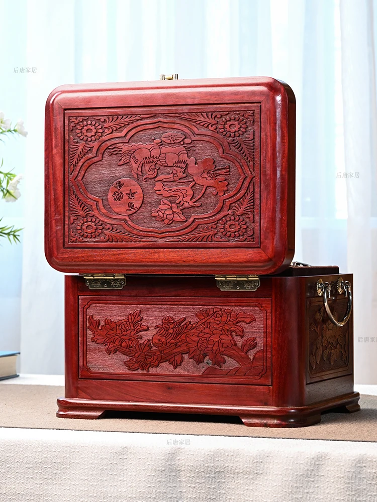 Solid Wood High-End Jewelry Box Red Sandalwood Vintage Gold Jewelry Ring Exquisite Rosewood Storage Box Wedding Gift