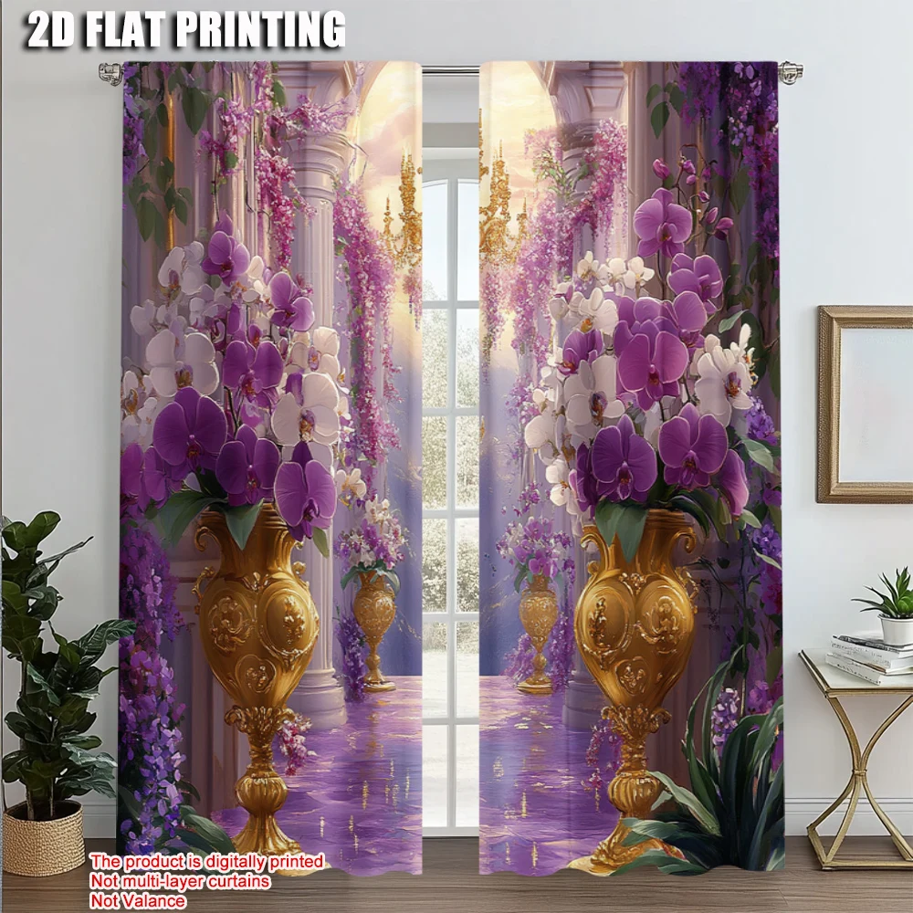 

2pcs, Curtains&Drapes 2D print Purple Orchid 100% Polyester (without rod) Decorations Outdoor Perfect for Bedroom, Living Room,