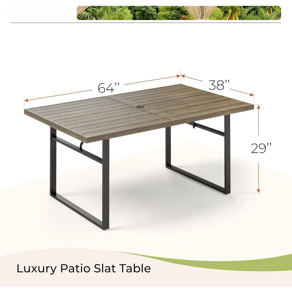 6-persoons eettafel voor buitenterras met parasolgat, metalen rechthoekige tafel voor tuin, achtertuin en veranda