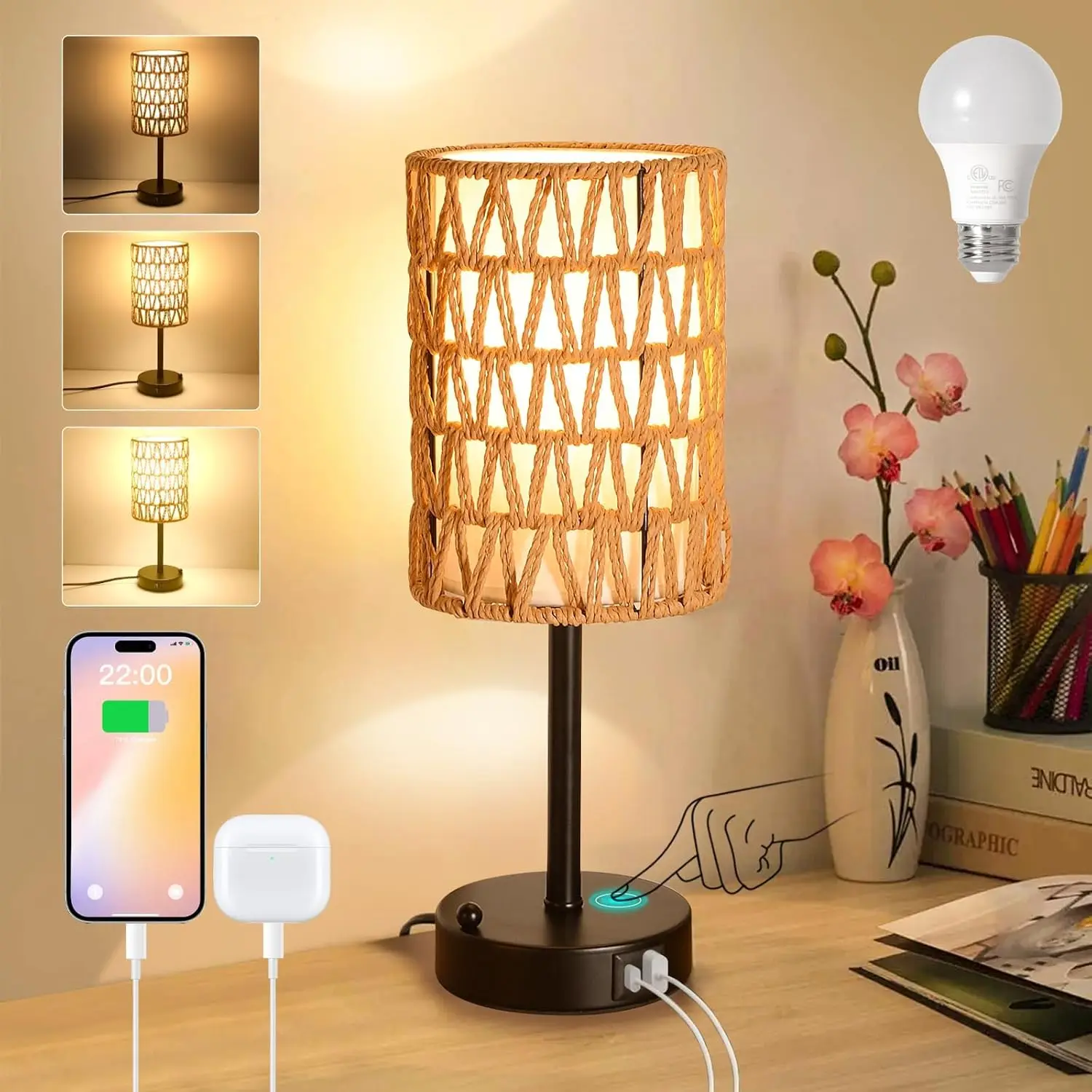 

Boho Rattan Table Lamp with LED, Touch Dimmable, Phone Stand, USB & AC Outlet – Small Bedside Lamp for Living Room, Bedroom