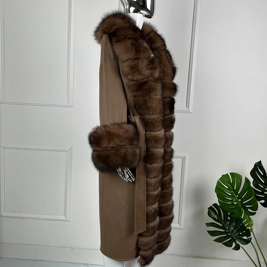 หรูหราขนสัตว์ Trench Coats เสื้อขนสัตว์ยาว Fox FUR Trim ฤดูหนาว WARM CASHMERE Coat ผู้หญิง