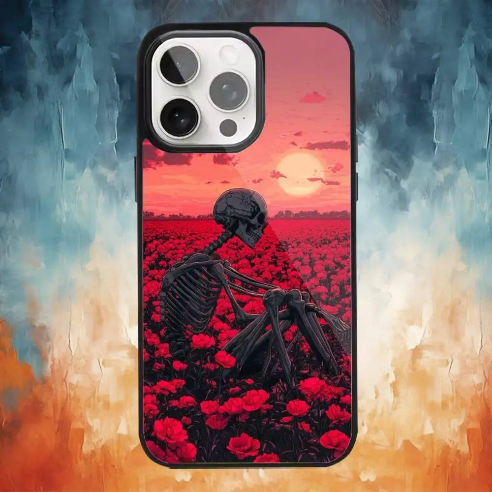 Esqueleto crânio arte caso de telefone para iphone17,16,15,14,13,12,11 plus, pro max magnético para carregamento sem fio magsafe
