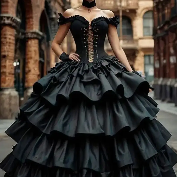 Steampunk Black Gothic Wedding Dress Corset Off Shoulder Tiered Prom Ball Gown Floor Length Customized Bridal Vestidos De Novia