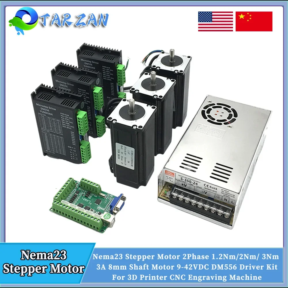 

Nema23 Stepper Motor 1.2/2/3Nm Motor 3A 8mm Shaft Driver 350W Power Supply USB Mach3 Card 5 Axis Kit For CNC Engraving Machine