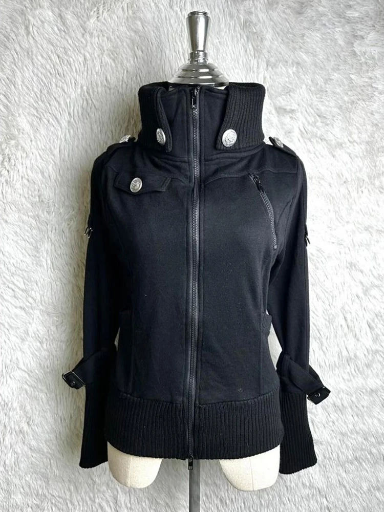 Women American Retro Solid Spliced Coat Autumn Winter Vintage Button Decor Slim Jacket Gothic Fashion Long Sleeve Outerwear New