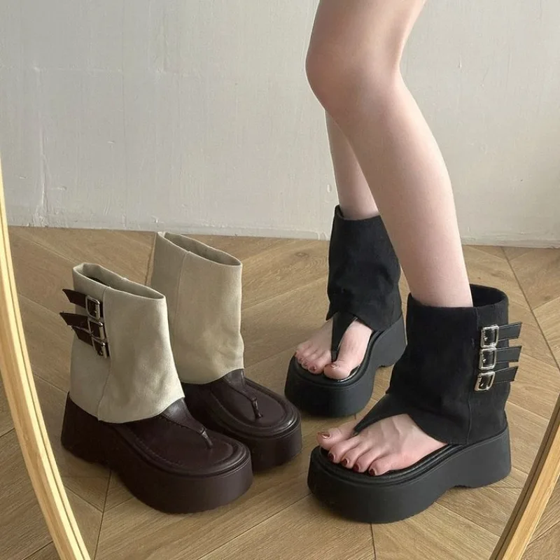 

Women's Thick-soled Cool Boots 2025 New Roman Sandals Fashion Pinch Toe Cool Boots for Women Summer Peep Toe Canvas Boots Botas
