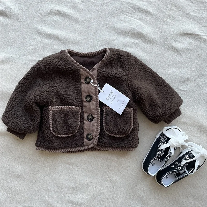 Autumn and winter children\'s outerwear sweater, thickened lamb wool outerwear, casual and cute warm girl cotton jacket