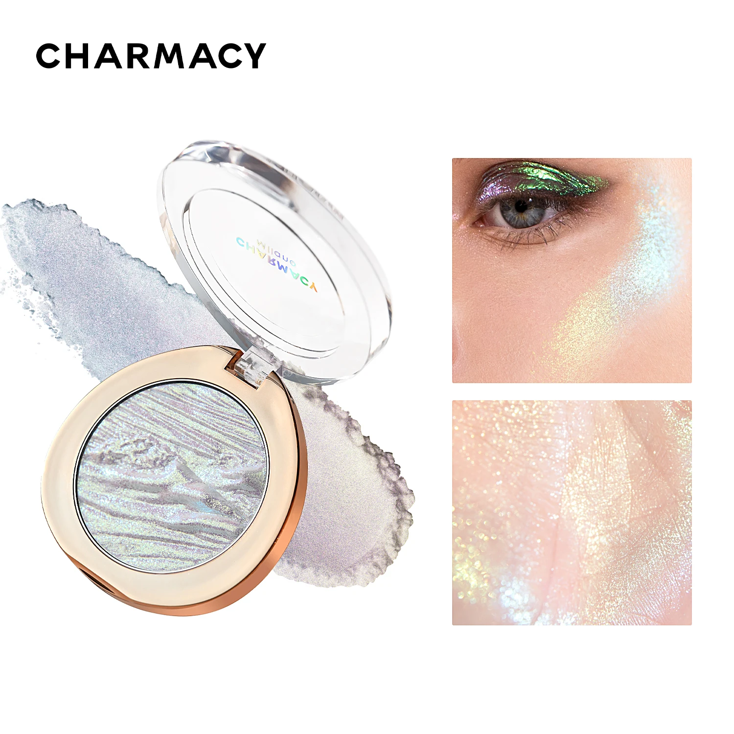 CHARMACY Duochrome Glitter Highlighter Powder 3D Contour Shiny Fairy Illuminate High Light Longlasting Easy to Wear Face Makeup