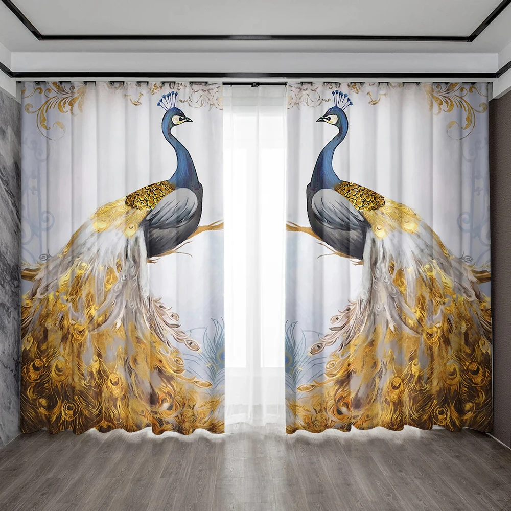 2PC Home Decoration Curtains, Blue And Yellow Peacock With Rod Pocket Curtains, Kitchen, Coffee Shop, Living Room, Balcony
