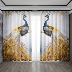2PC Home Decoration Curtains, Blue And Yellow Peacock With Rod Pocket Curtains, Kitchen, Coffee Shop, Living Room, Balcony