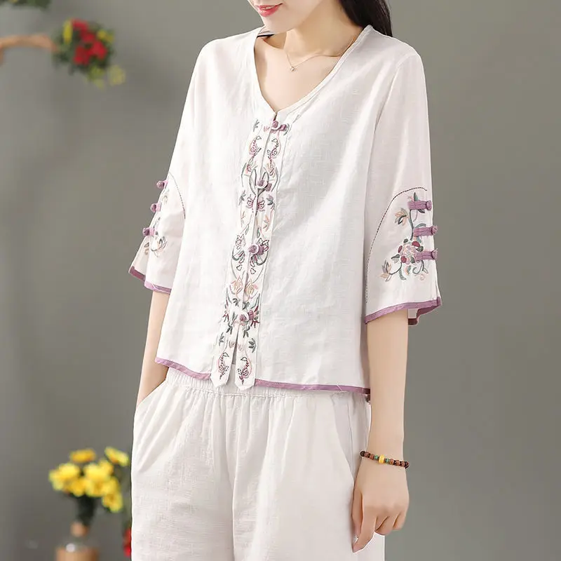 Retro Ethnic Style Patch Embroidery 3/4 Sleeve Blouse Women 2025 Summer Loose Thin V-Neck Cardigan Top