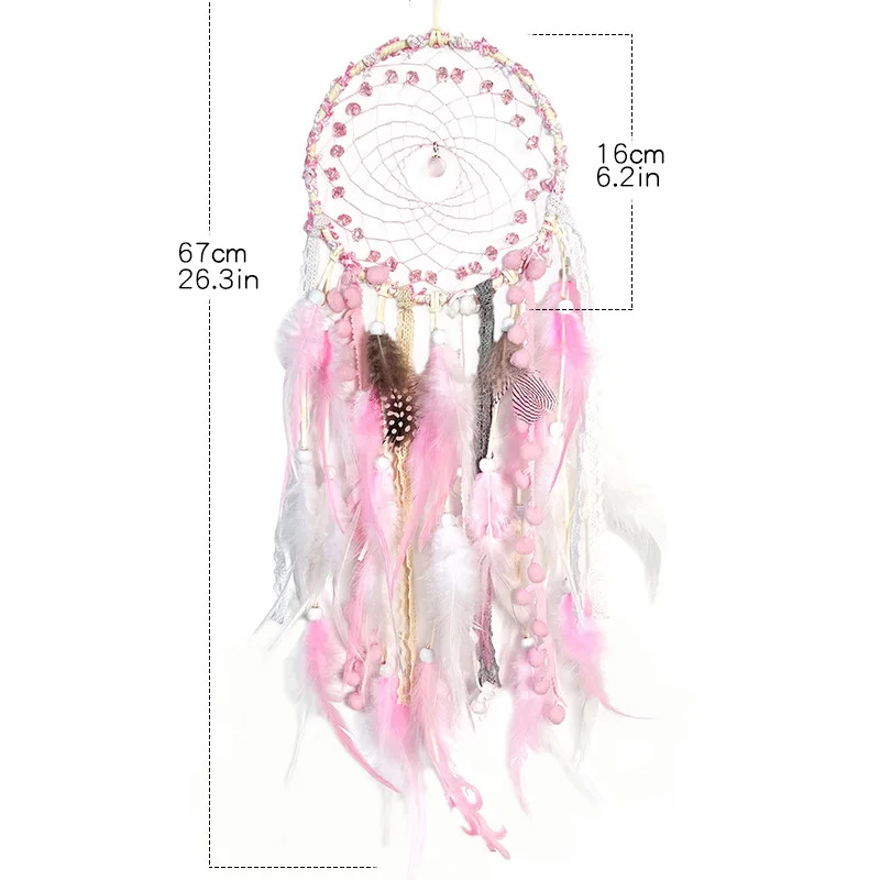 Net Glass Bead Pink Feather Dream Catcher Hanging Decoration Handwoven Lace Woven Indoor Living Room Wind Chime