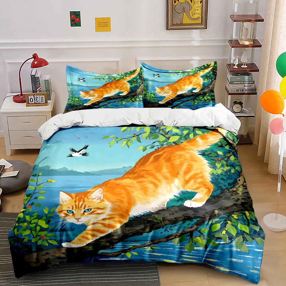 Orange cat walking on tree branch Print Soft Comfortable Duvet Cover Bedding Set Included 1*Duvet Cover  2*Pillowcases