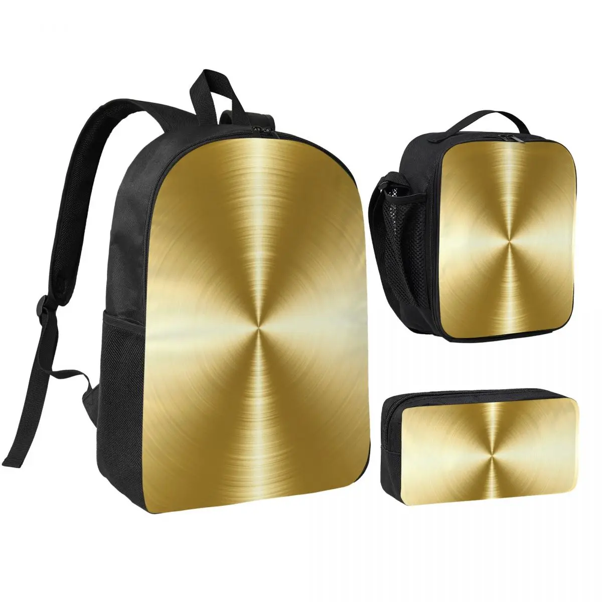 Brushed Gold Radial Metal Backpack Boys Girls BookBag School Bag Laptop Shoulder Bags 3ps Insulated Lunch Bag Pencil Case