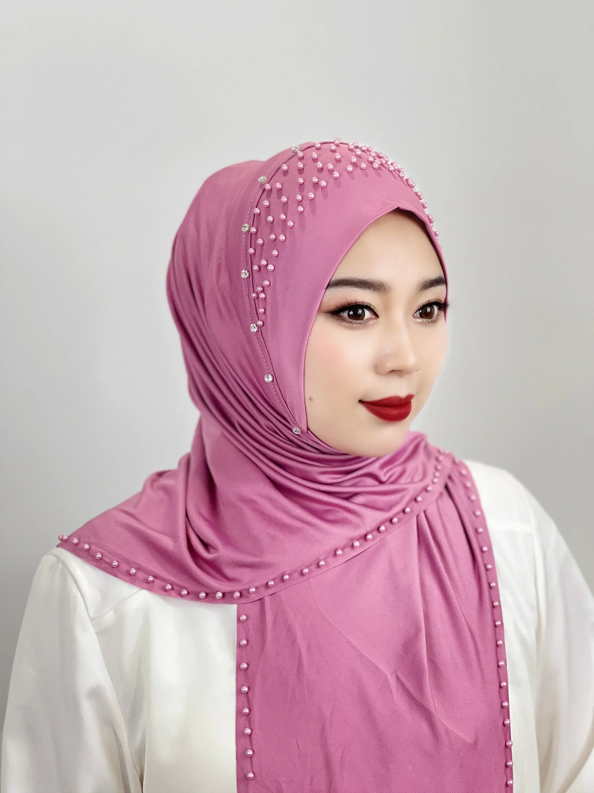 Muslim Beaded Women\'s Solid Colol Hijab Hat Hijab Hood Hair Loss Head Scarf Stretch Hijab Women\'s Scarf Islamic Headband