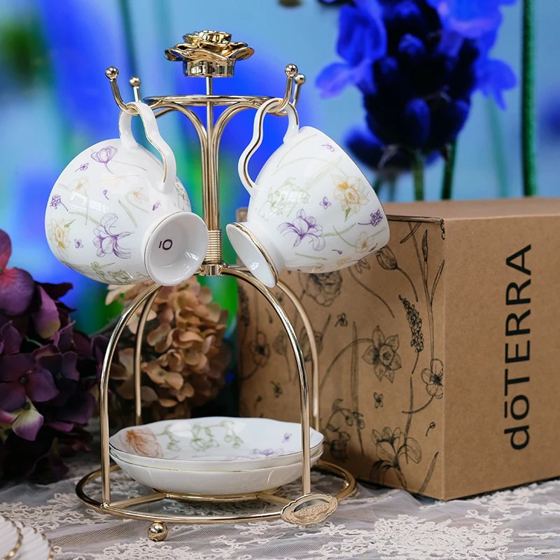 

Authentic Small Floral French Vintage Style Teacup Coffee Cup Saucer with Cup Holder Gift Box