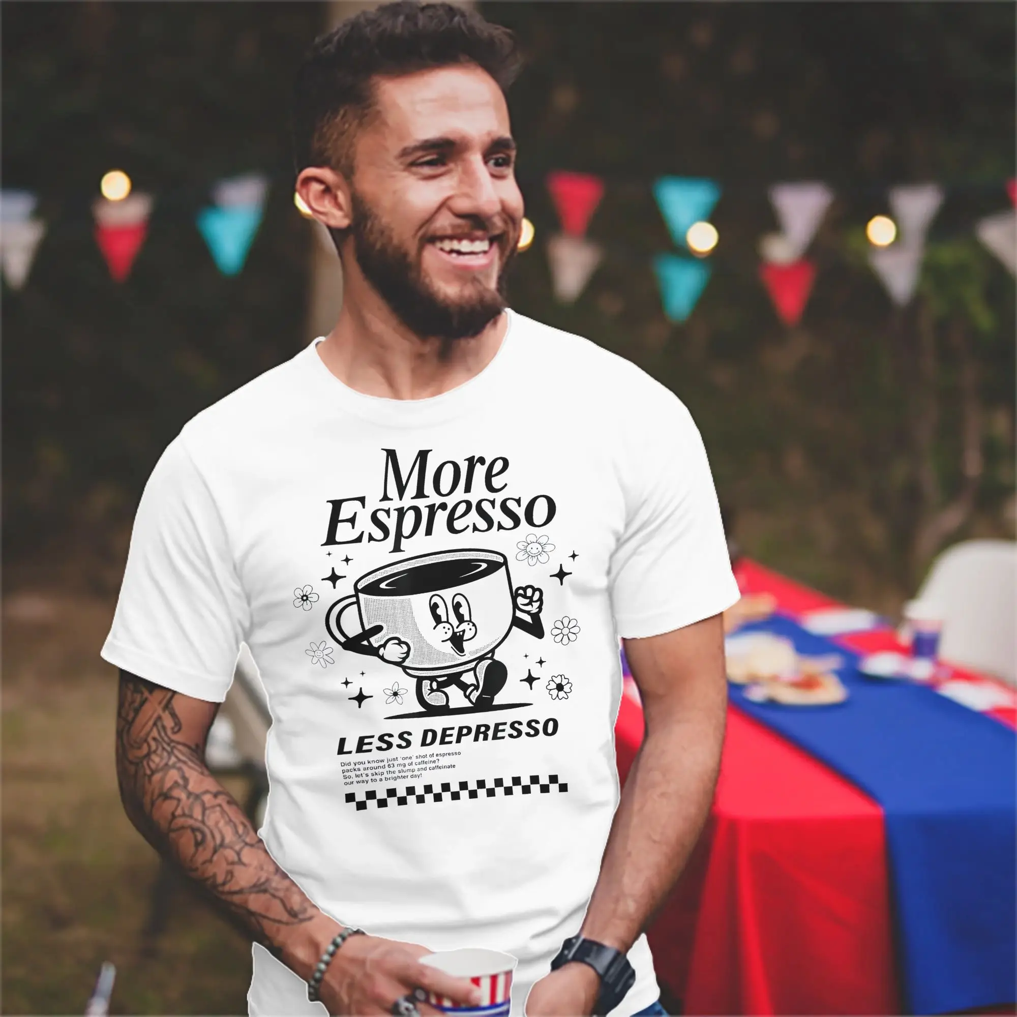 Funny Coffee Less Depresso  T Shirt Men Women's Cotton T-Shirts Crewneck  More Espresso Tees Short Sleeve Tops Graphic Printed