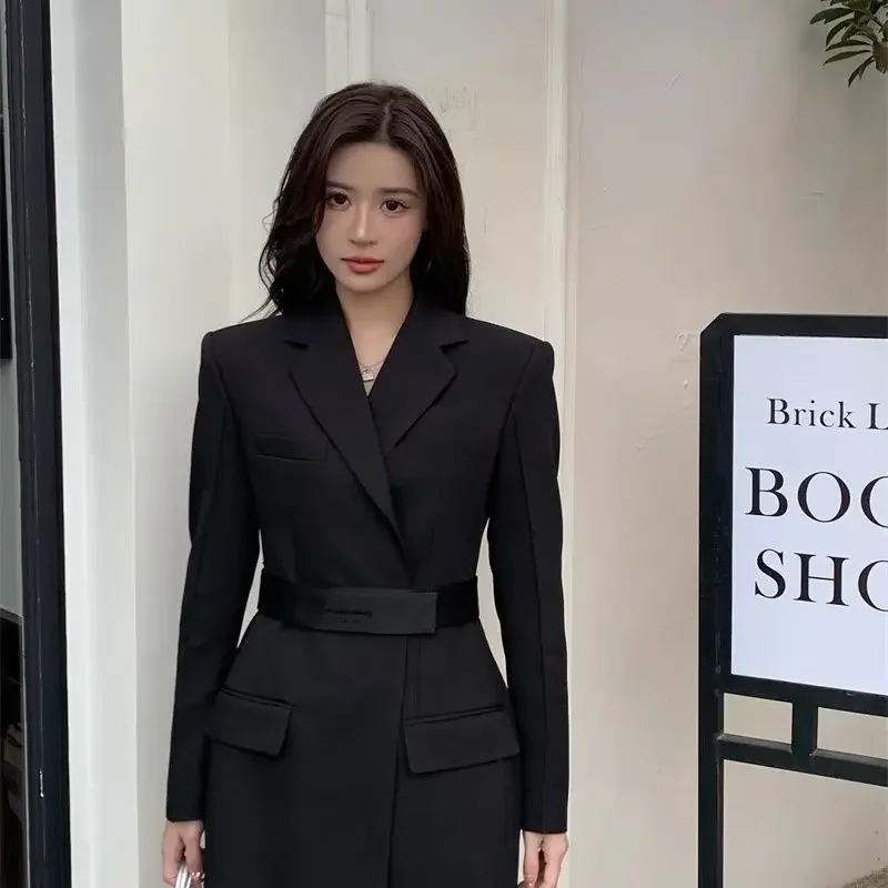 Women's Fall/Winter Retro Casual Cropped Waist Blazer Suit Coat Black Hepburn Style Loose Belt Single-Breasted  for Woman