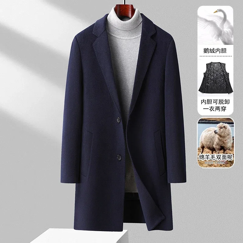 100% High-end Wool Handmade Double-sided Woolen Coat Medium Long Suit Collar Goose Down Removed Inner Wool Coat for Men