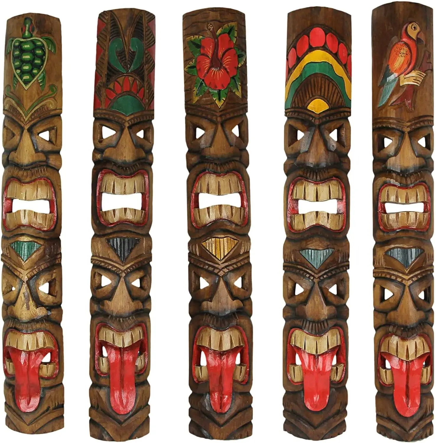 Set of 5 Exquisite Hand-Carved Double Tiki Mask Totem Wall Sculptures, 40 Inches Tall, Crafted from Sustainable Wood