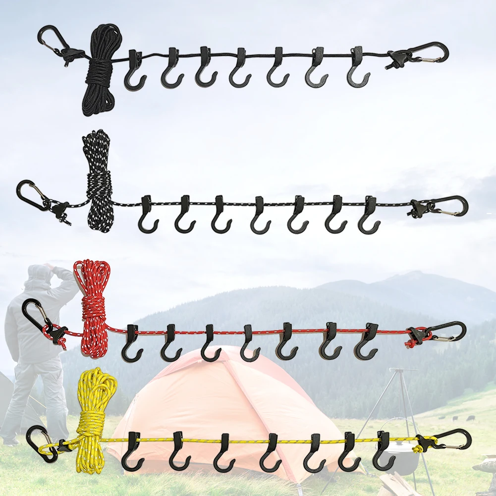 Camping Clothesline Non-slip Drying String Rope Portable Travel Windproof Adjustable with 7 Hooks for Home Picnic Hiking