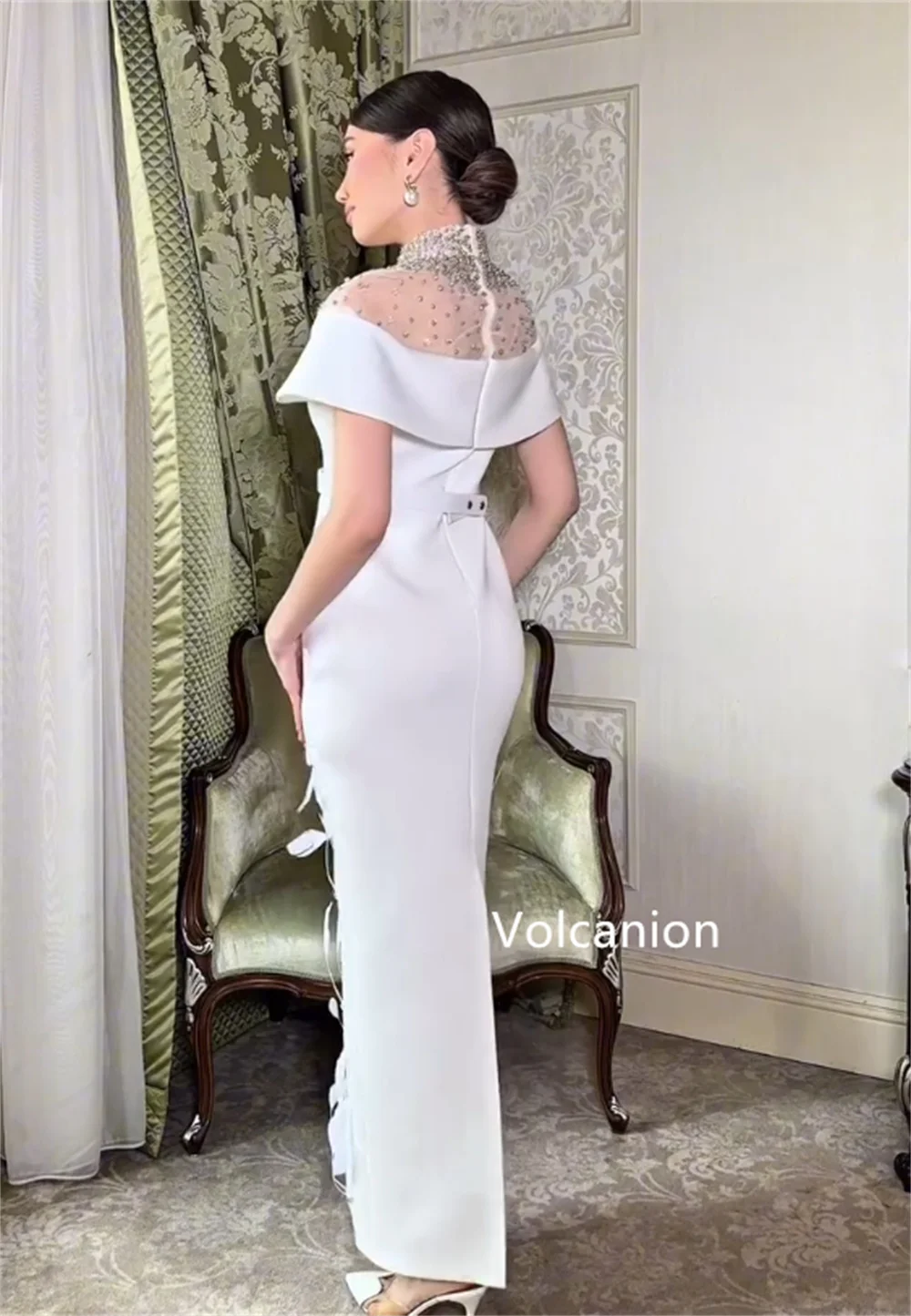 Прямые платья миди с джерси и поясом из джерси, расшитые блестками и перьями, с высоким воротником, на заказ, вечерние, элегантные, простые