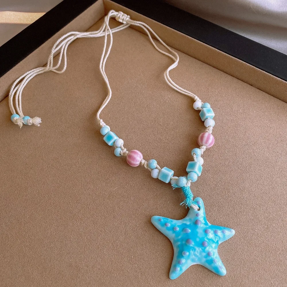 Ceramic Pendant Necklaces Adjustable Seaside Vacation Long Chain Necklace Starfish Beaded Women Pendant Rope Necklace