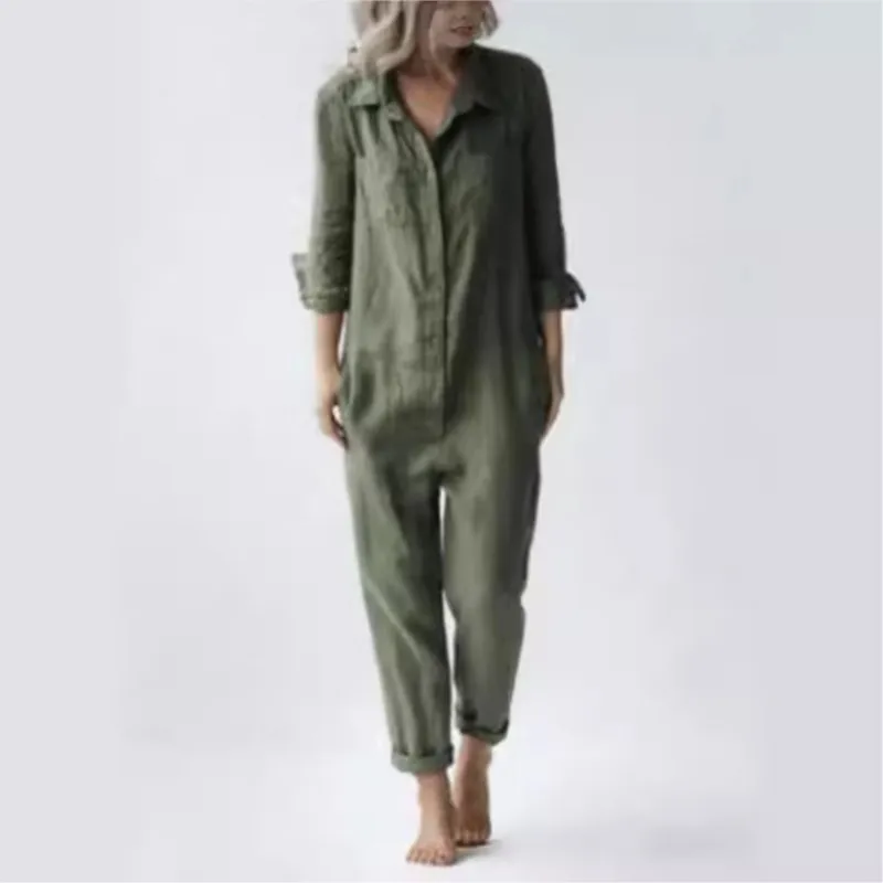 Fashion Cotton Long Sleeve Pocket Jumpsuit Women's Spring Autumn Casual Loose Solid Color Shirt Jumpsuit Female Military Rompers